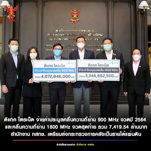 บริษัท ดีแทค ไตรเน็ต จำกัด (DTN) นำเงินค่าประมูลคลื่นความถี่ ย่าน 900 MHz งวดประจำปี 2564 รวมทั้งเงินค่าประมูลคลื่นความถี่ ย่าน 1800 MHz สำนักงาน กสทช. เตรียมส่งกระทรวงการคลังเป็นรายได้แผ่นดิน